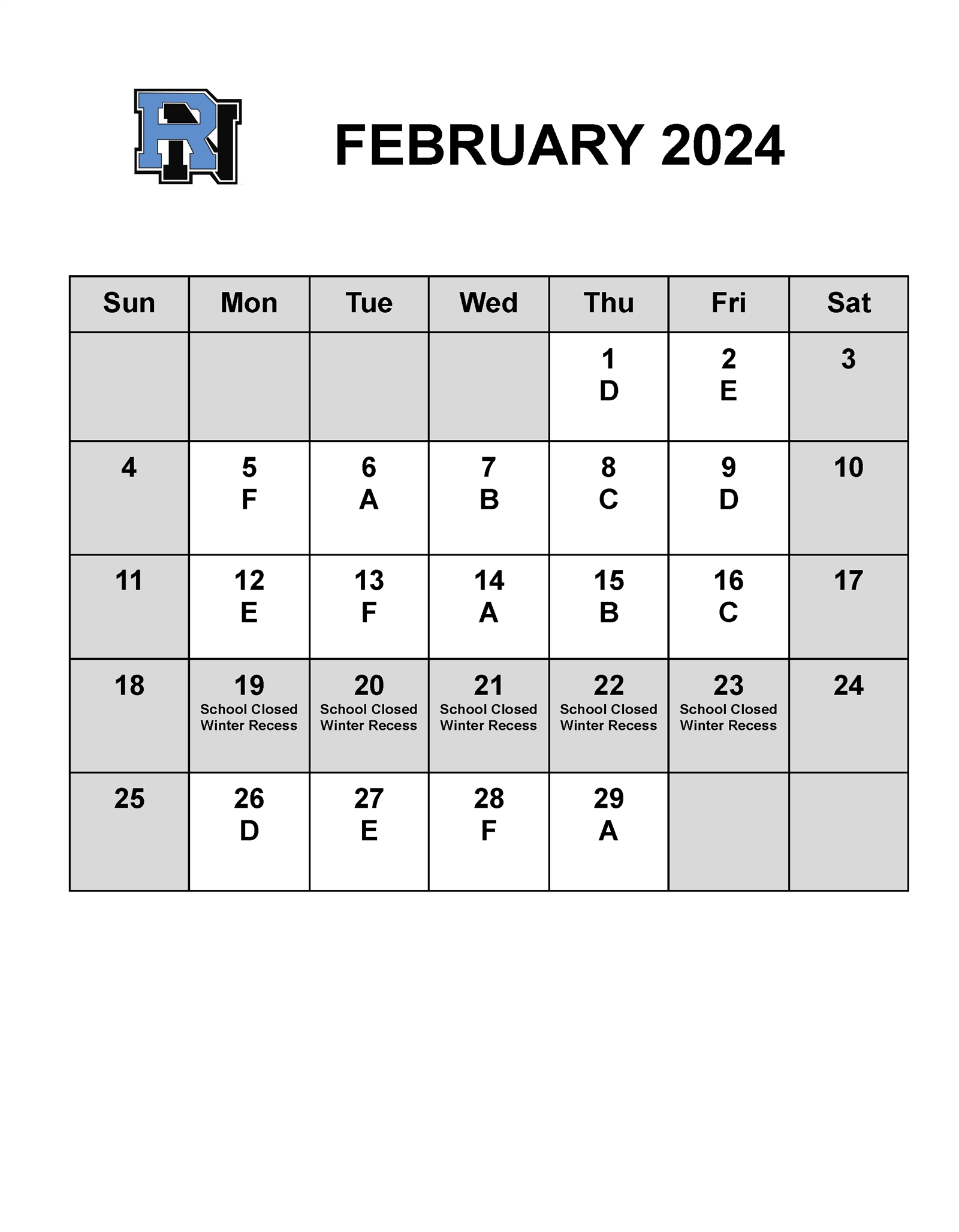February Letter Day Calendar